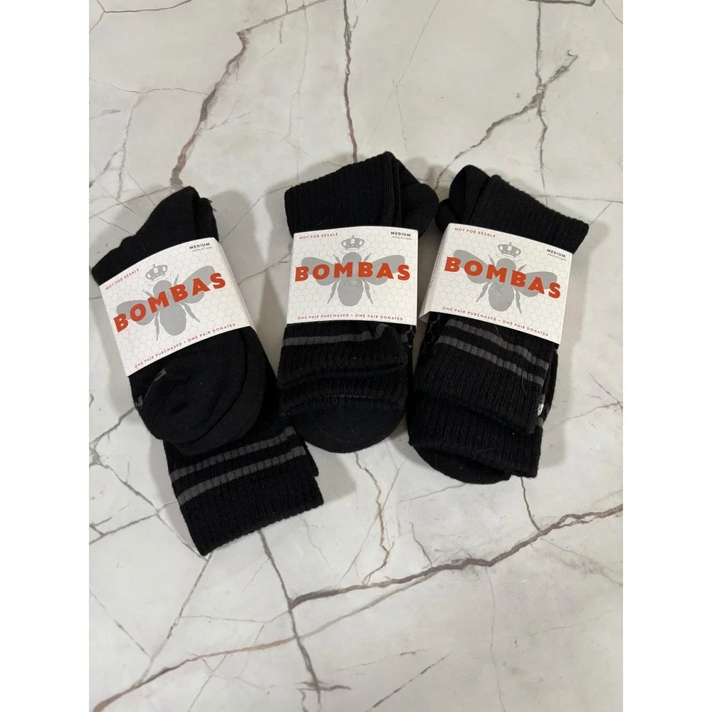 Bombas Mens Crew Socks Medium Black Grey Stripe Honeycomb Arch Support 3 Pair